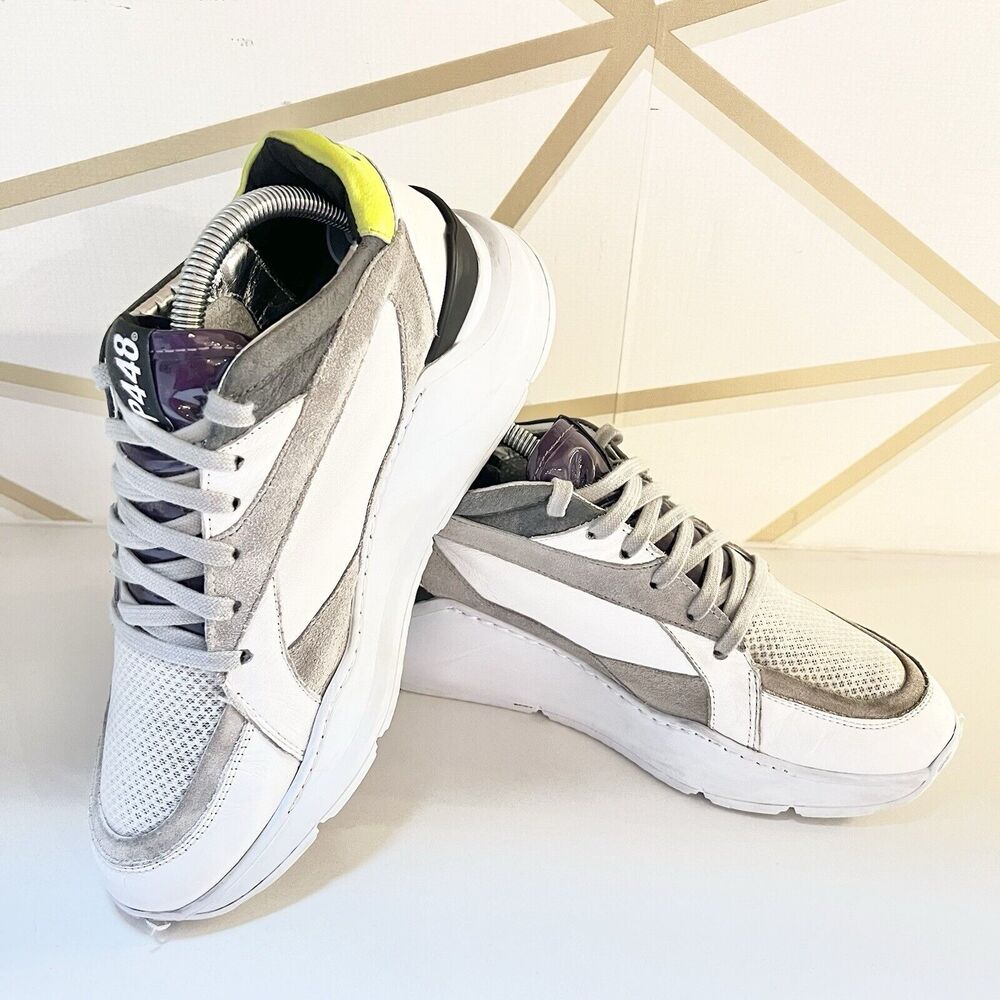 P448 Leather Chunky Mid Top Platform Sneakers White/ Gray / Yellow Size 40 US 10